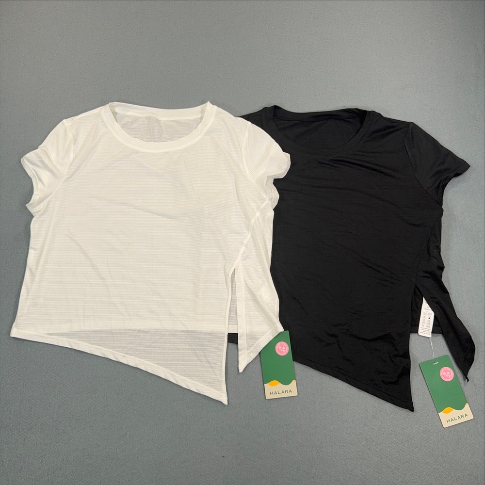 Halara Womens Activewear Tops Lot of 2 Black White Asymmetrical Mesh Gym Shirt S
